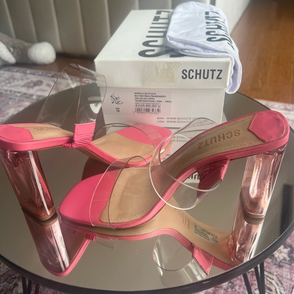 Schutz Women’s Pink Open Toe Multi Material Transparent Sabdals